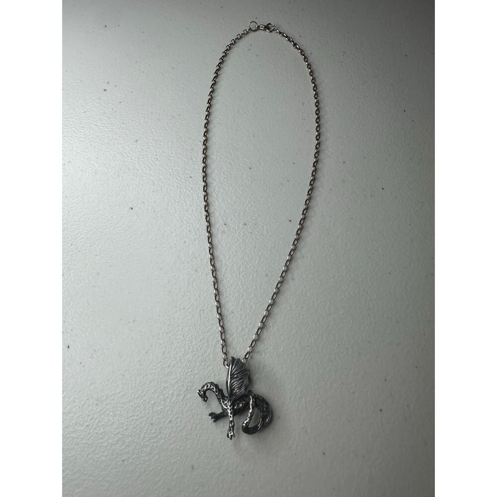 Vintage 925 Sterling Silver Dragon Pendant Necklace Old Estate Mythical Jewelry